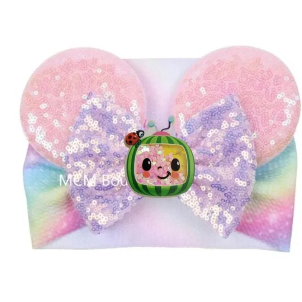 Cocomelon Headband Pink Ears Watermelon Bow Sequin Coco Melon Birthday Pastel